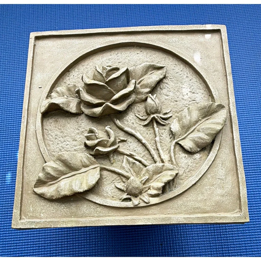 Beige Stone 3D Raised Rose Floral Relief Square Wall Plaque Hanging 9.5x9.5 in